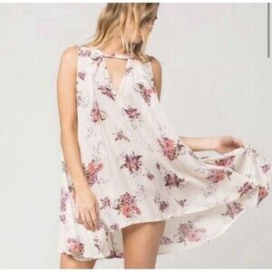 Free People Swing Dress Women's Size Small Tunic Floral Keyhole  Boho Cream Pink